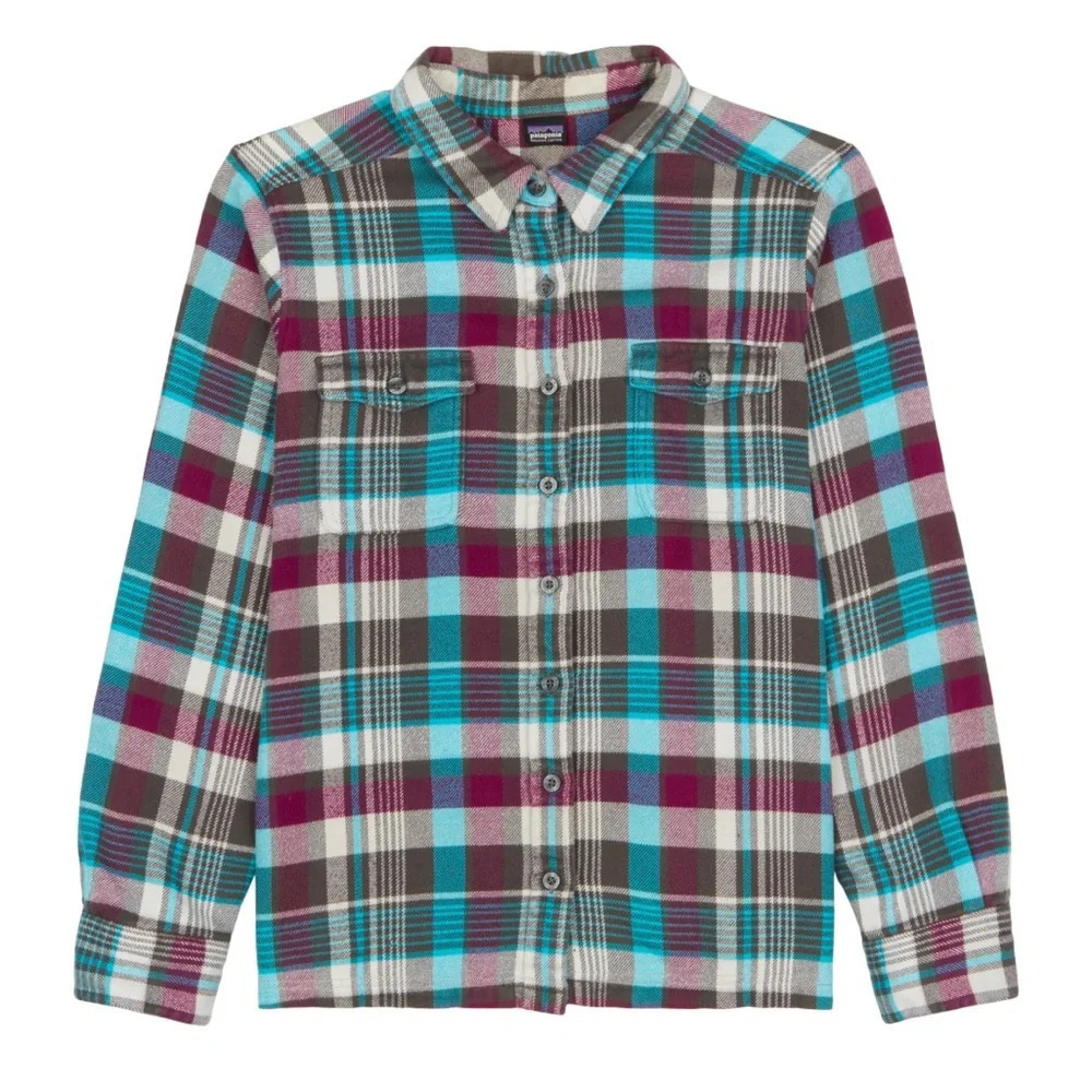 Patagonia Women Shirt Button Down Top Fjord Purple Blue Flannel Plaid Size 6